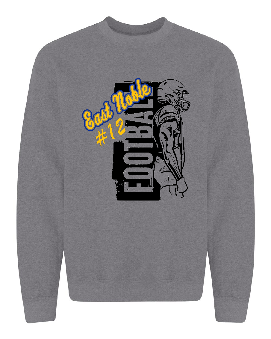 A heather gray crewneck sweatshirt featuring a football graphic on the front with the text 'East Noble #12' in yellow and black, alongside a black-and-white illustration of a football player.