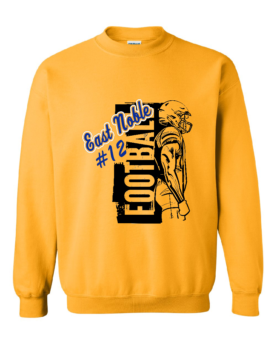 A yellow gold crewneck sweatshirt featuring a graphic print of a football player and the text 'East Noble #12 FOOTBALL' in blue and black.