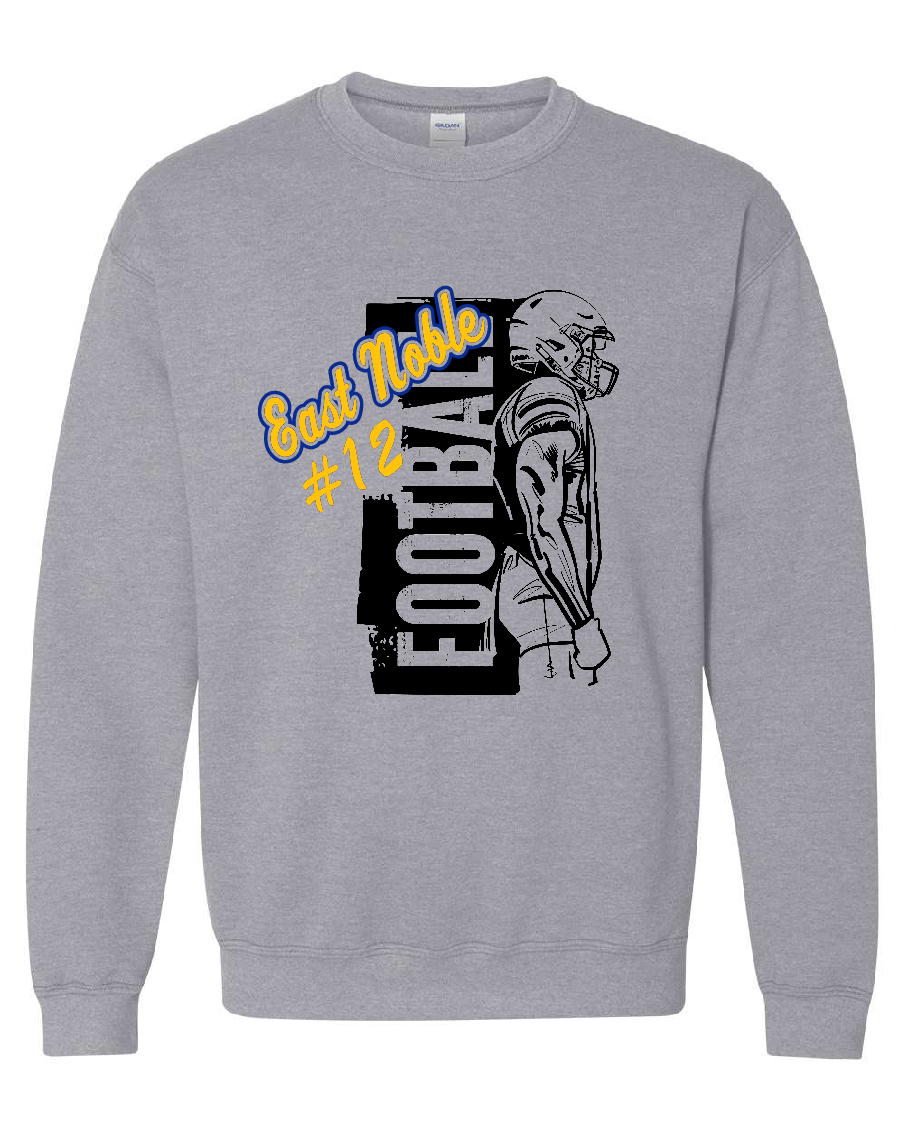 A heather gray crewneck sweatshirt featuring a graphic print of a football player and the text 'End Noble #12 FOOTBALL' in yellow, white, and black.