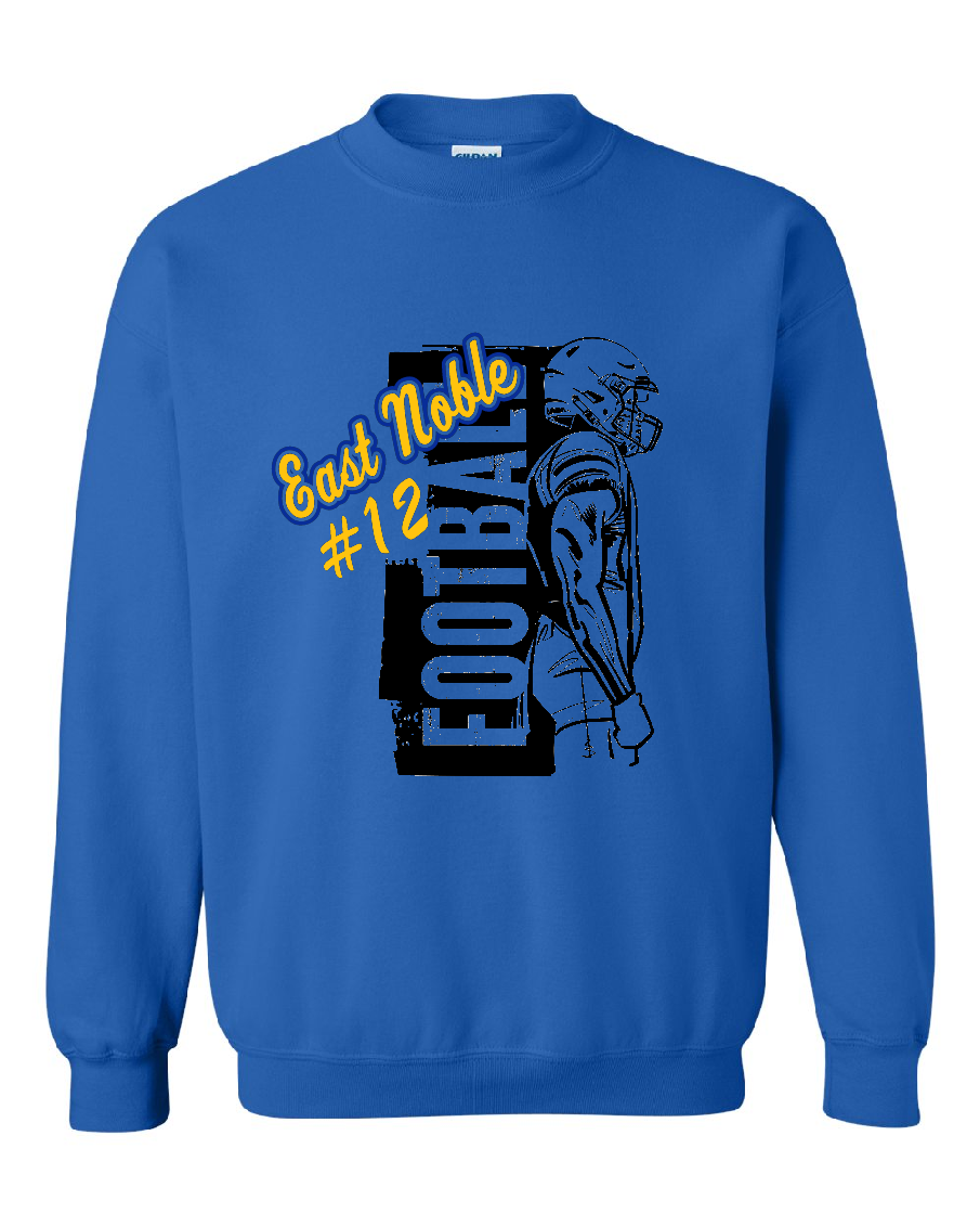 A royal blue crewneck sweatshirt featuring a black and yellow graphic on the front with the text 'East Noble #12 FOOTBALL' and a football player illustration.