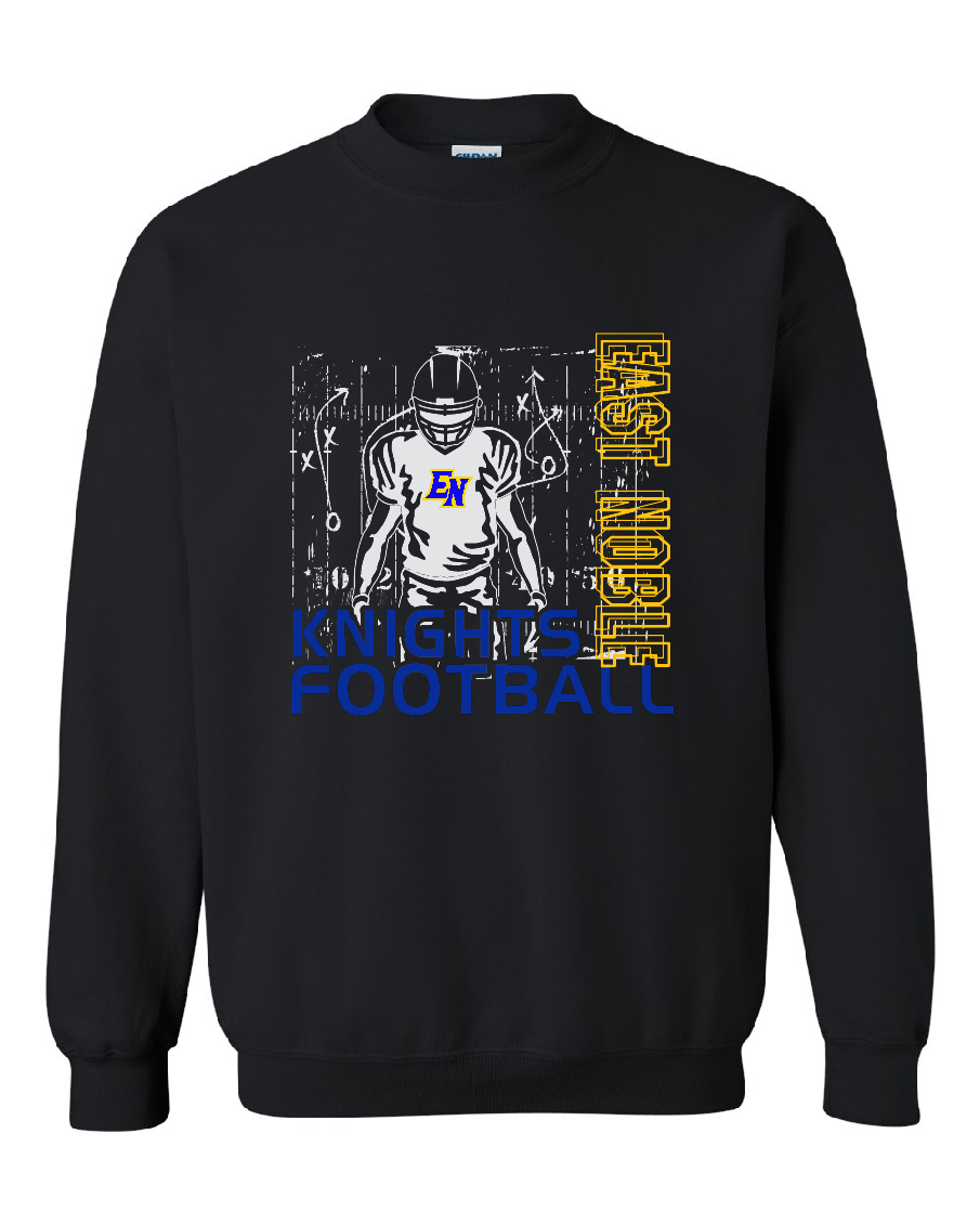A black crewneck sweatshirt featuring a distressed graphic of a football player with 'KNIGHTS FOOTBALL' in blue and yellow text on the front.