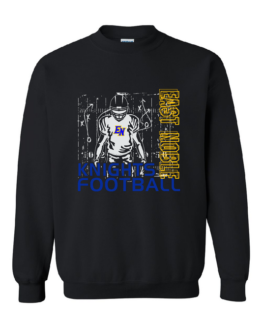 A black crewneck sweatshirt featuring a distressed graphic of a football player with 'KNIGHTS FOOTBALL' in blue and yellow text on the front.