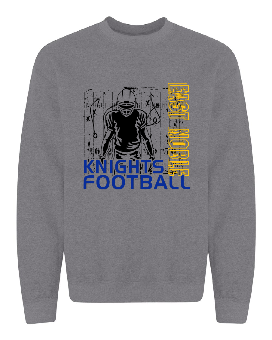 A heather gray crewneck sweatshirt featuring a distressed graphic of a football player with the text 'KNIGHTS FOOTBALL' in blue and 'EAST NOBLE' in yellow.