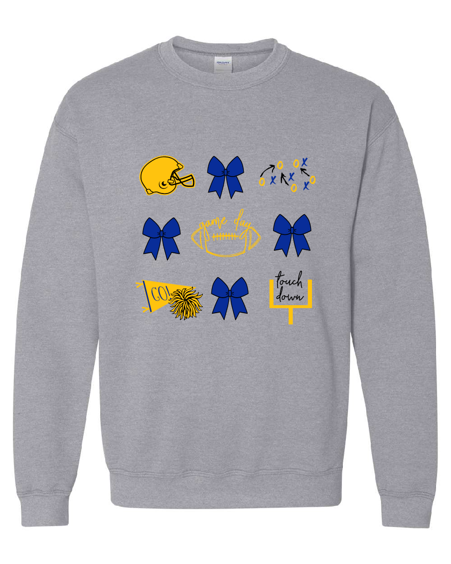 A heather gray crewneck sweatshirt featuring a graphic print of blue and yellow Colorado football-themed designs, including a helmet, bows, a football, a cheerleader pom-pom, and signs reading 'CO' and 'touch down'.