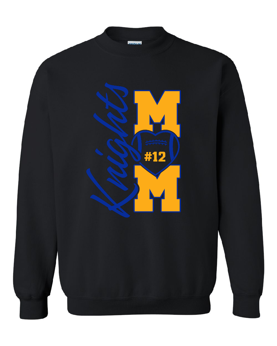 A black crewneck sweatshirt featuring a graphic design on the front with the word 'Knights' in blue script, a large yellow block 'M' with a football and the number '#12' in blue, and another yellow 'M' below it.