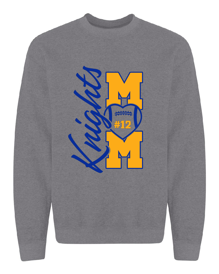 A heather gray crewneck sweatshirt featuring a blue and yellow graphic on the front with the text 'Knights', large block letters 'M' and 'M', a heart-shaped football, and the number '#12'.