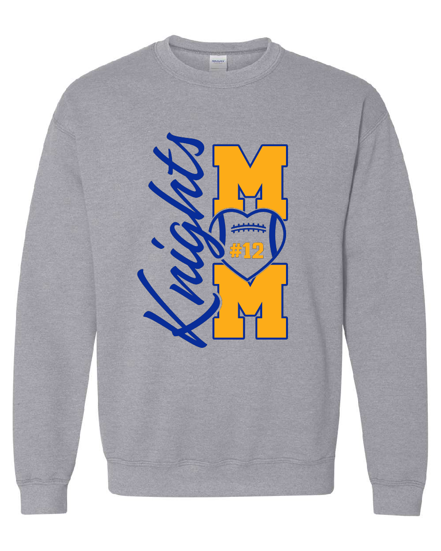 A light gray crewneck sweatshirt featuring a graphic design on the front with the text 'Knights Mom' in blue and yellow, along with a football motif.